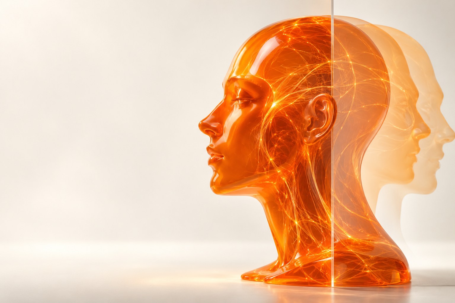A translucent orange human sculpture with layered profiles.